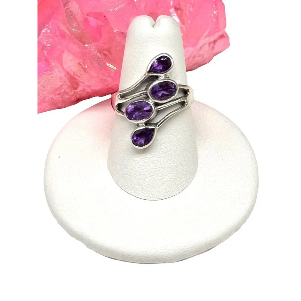 Amethyst Ring Solid 925 Sterling Silver Size 10 Multi Stone Statement